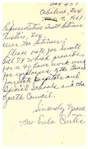 Primary view of object titled '[Postcard from Mrs. Eula Curtis to Truett Latimer, March 7, 1961]'.