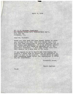 Primary view of object titled '[Letter from Truett Latimer to D. U. Buckner, April 6, 1959]'.