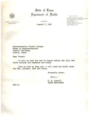 Primary view of object titled '[Letter from W. D. Carroll to Truett Latimer, August 7, 1961]'.