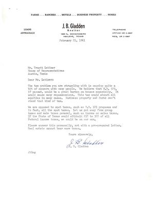 Primary view of object titled '[Letter from J. B. Gladden to Truett Latimer, February 21, 1961]'.