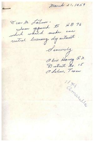 Primary view of object titled '[Letter from Alice Harvey to Truett Latimer, March 21, 1959]'.