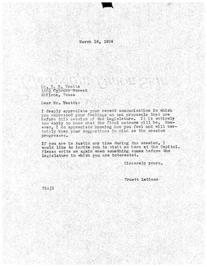 Primary view of object titled '[Letter from Truett Latimer to E. B. Yeatts, March 16, 1959]'.