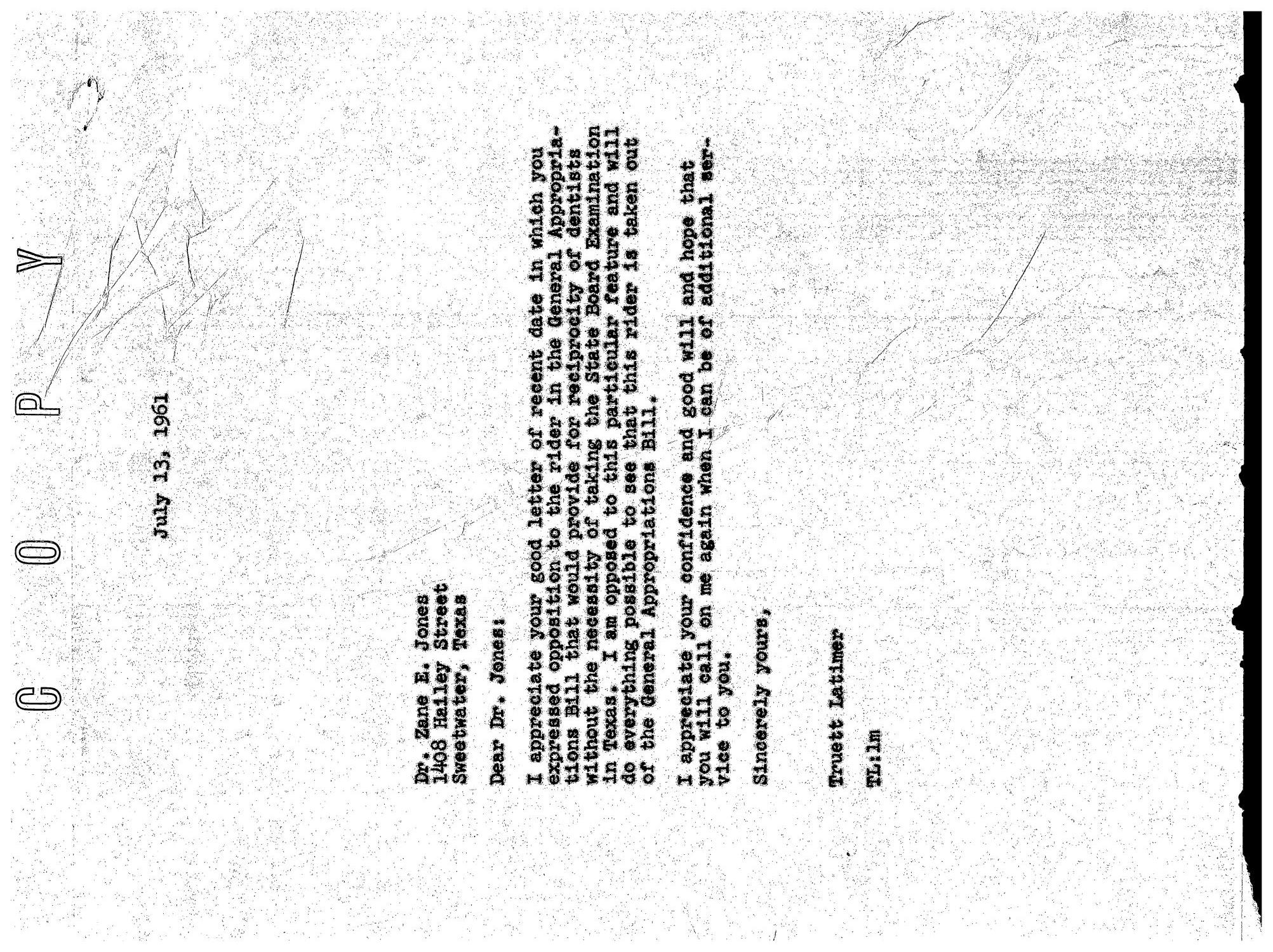 [Letter from Truett Latimer to Zane E. Jones, July 13, 1961]
                                                
                                                    [Sequence #]: 1 of 1
                                                
