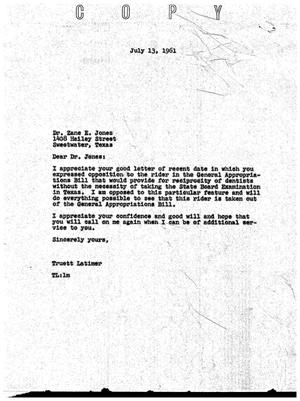 Primary view of object titled '[Letter from Truett Latimer to Zane E. Jones, July 13, 1961]'.