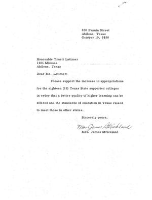 Primary view of object titled '[Letter from Mrs. James Strickland to Truett Latimer, October 10, 1958]'.