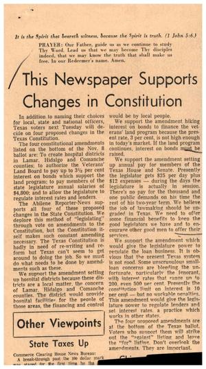 Primary view of object titled '[Clipping: This Newspaper Supports Changes in Constitution]'.