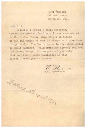 Primary view of object titled '[Letter from B. C. Stevenson to Truett Latimer, March 29, 1961]'.