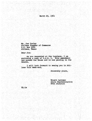 Primary view of object titled '[Letter from Truett Latimer to Joe Cooley, March 29, 1961]'.