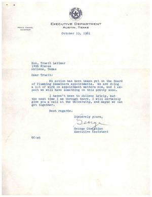 Primary view of object titled '[Letter from George Christian to Truett Latimer, October 19, 1961]'.