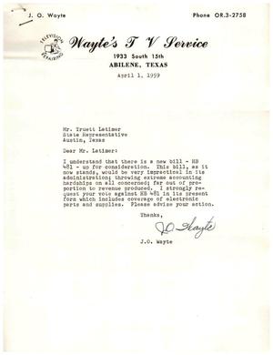 Primary view of object titled '[Letter from J. O. Wayte to Truett Latimer, April 1, 1959]'.