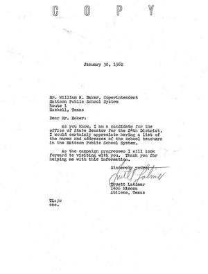 Primary view of object titled '[Letter from Truett Latimer to William R. Baker, January 30, 1962]'.