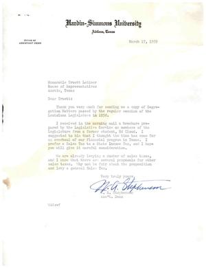 Primary view of object titled '[Letter from W. A. Stephenson to Truett Latimer, March 17, 1959]'.