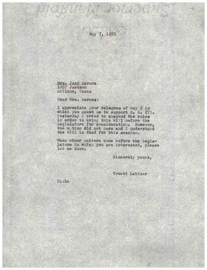 Primary view of object titled '[Letter from Truett Latimer to Mrs. Jack Barnes, May 7, 1959]'.