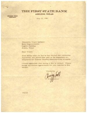 Primary view of object titled '[Letter from Briggs Todd to Truett Latimer, July 13, 1961]'.