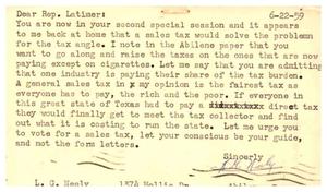 Primary view of object titled '[Postcard from L. G. Neely to Truett Latimer, June 22, 1959]'.