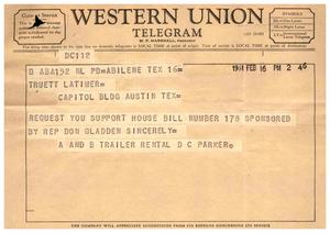 Primary view of object titled '[Telegram from D. C. Parker, February 16, 1961]'.