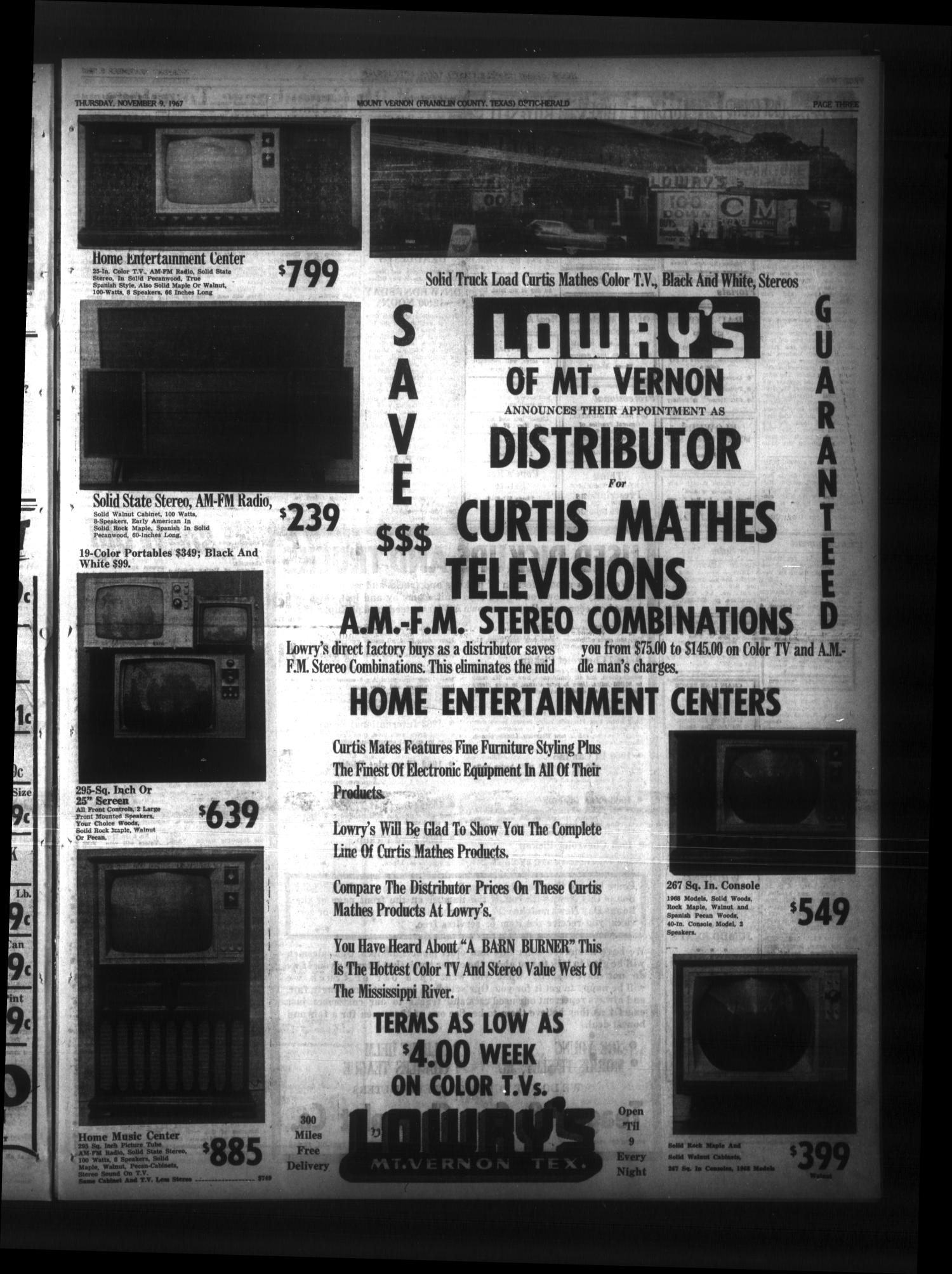 Mt. Vernon Optic-Herald (Mount Vernon, Tex.), Vol. 93, No. 7, Ed. 1 Thursday, November 9, 1967
                                                
                                                    [Sequence #]: 3 of 8
                                                