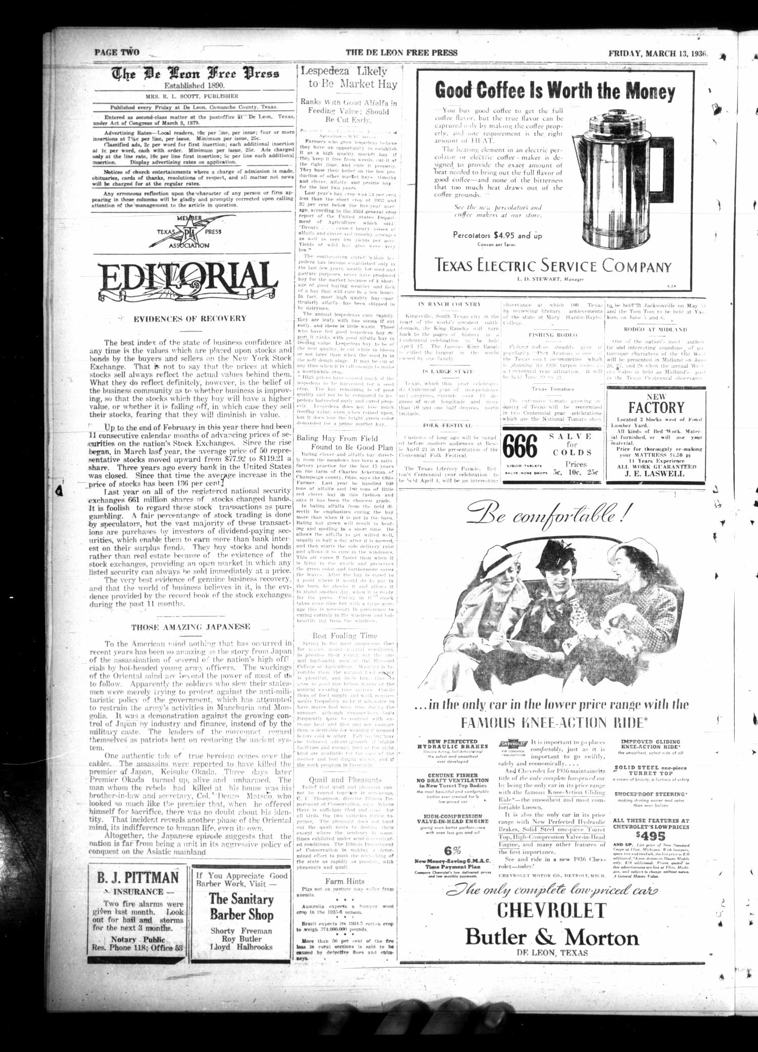 The DeLeon Free Press. (De Leon, Tex.), Vol. 45, No. 38, Ed. 1 Friday, March 13, 1936
                                                
                                                    [Sequence #]: 2 of 8
                                                