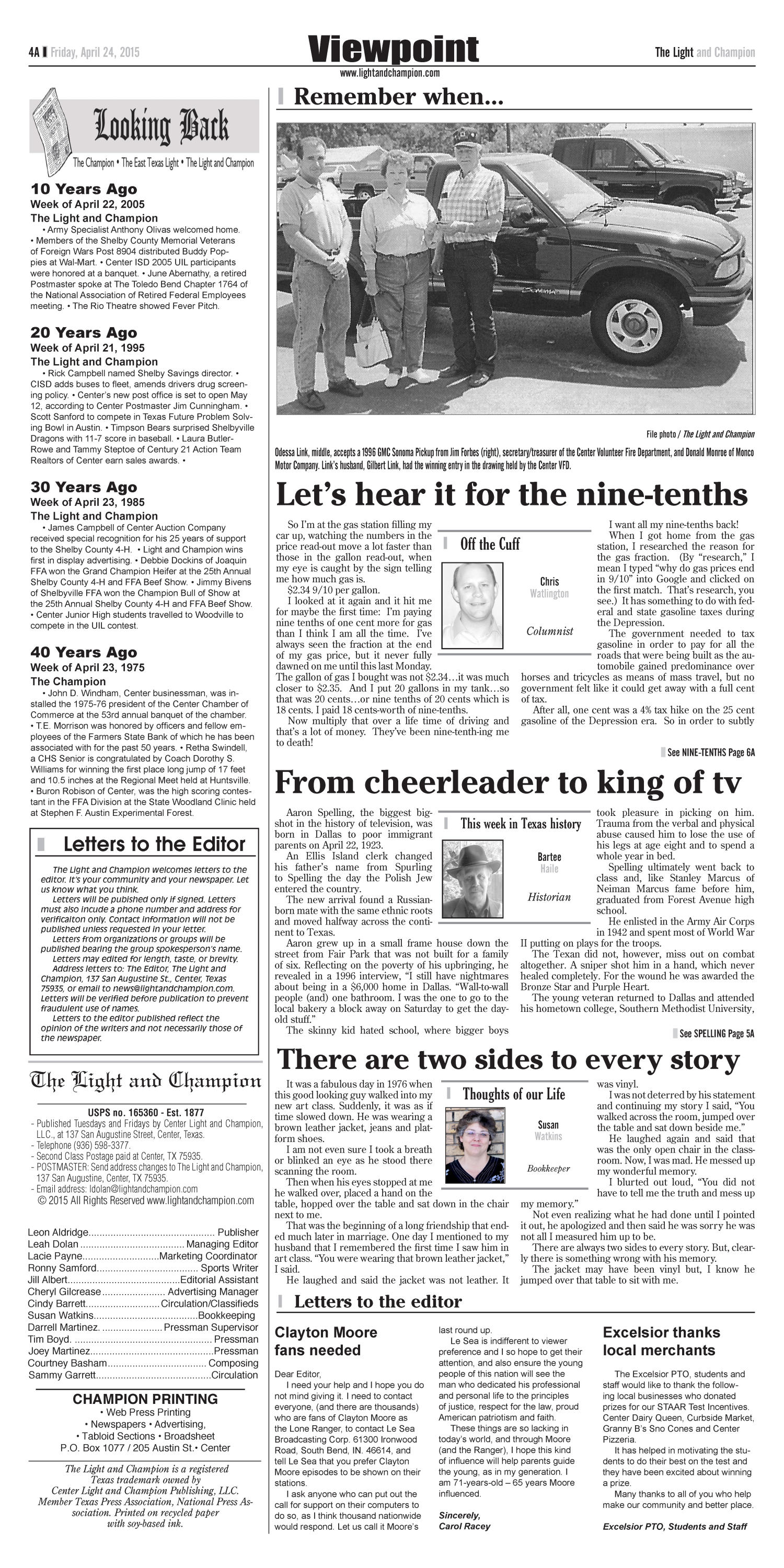 The Light and Champion (Center, Tex.), Vol. 138, No. 33, Ed. 1 Friday, April 24, 2015
                                                
                                                    [Sequence #]: 4 of 24
                                                