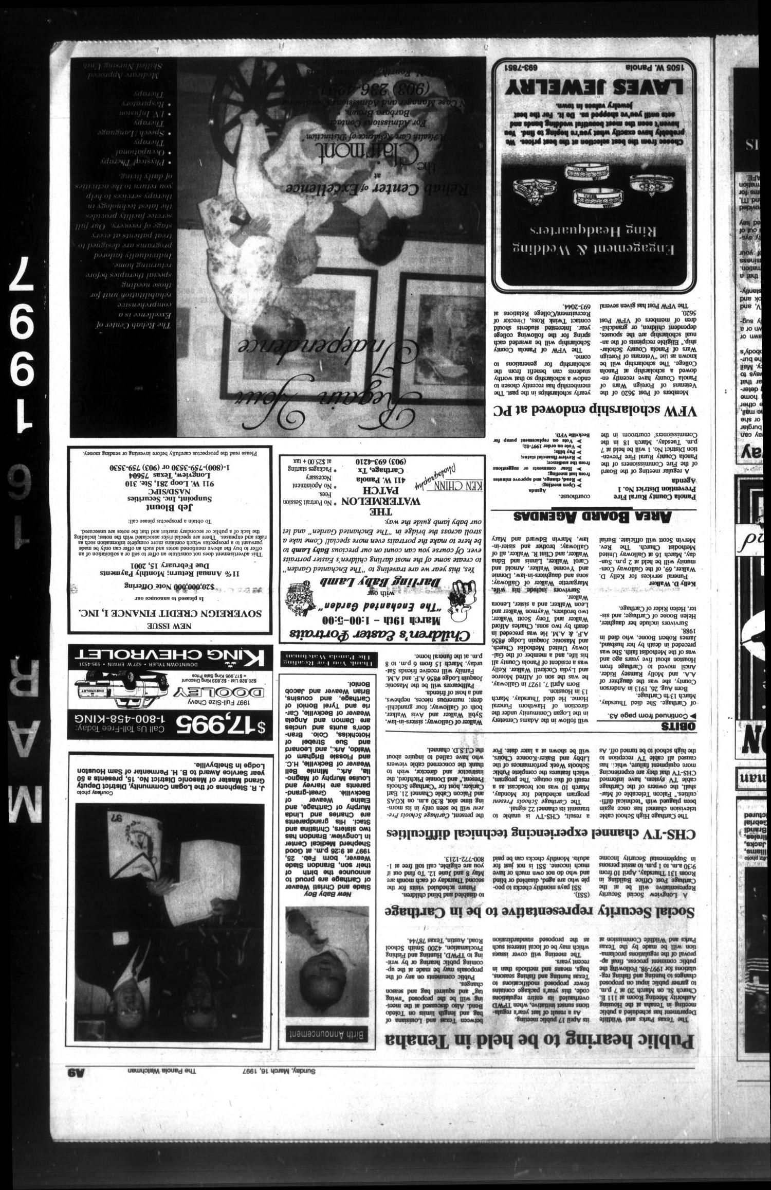 The Panola Watchman (Carthage, Tex.), Vol. 124, No. 22, Ed. 1 Sunday, March 16, 1997
                                                
                                                    [Sequence #]: 9 of 14
                                                