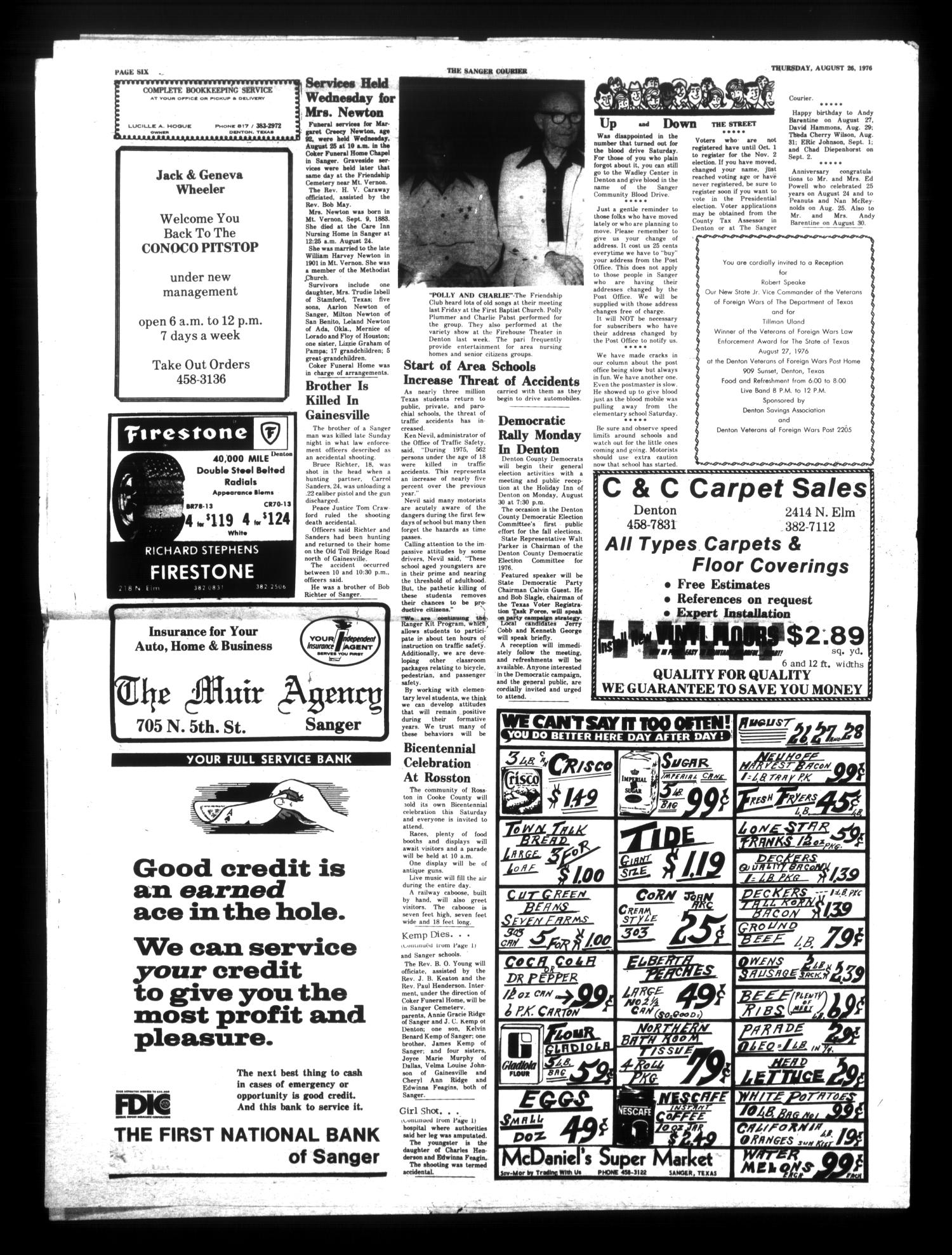 The Sanger Courier (Sanger, Tex.), Vol. [78], No. 48, Ed. 1 Thursday, August 26, 1976
                                                
                                                    [Sequence #]: 6 of 6
                                                