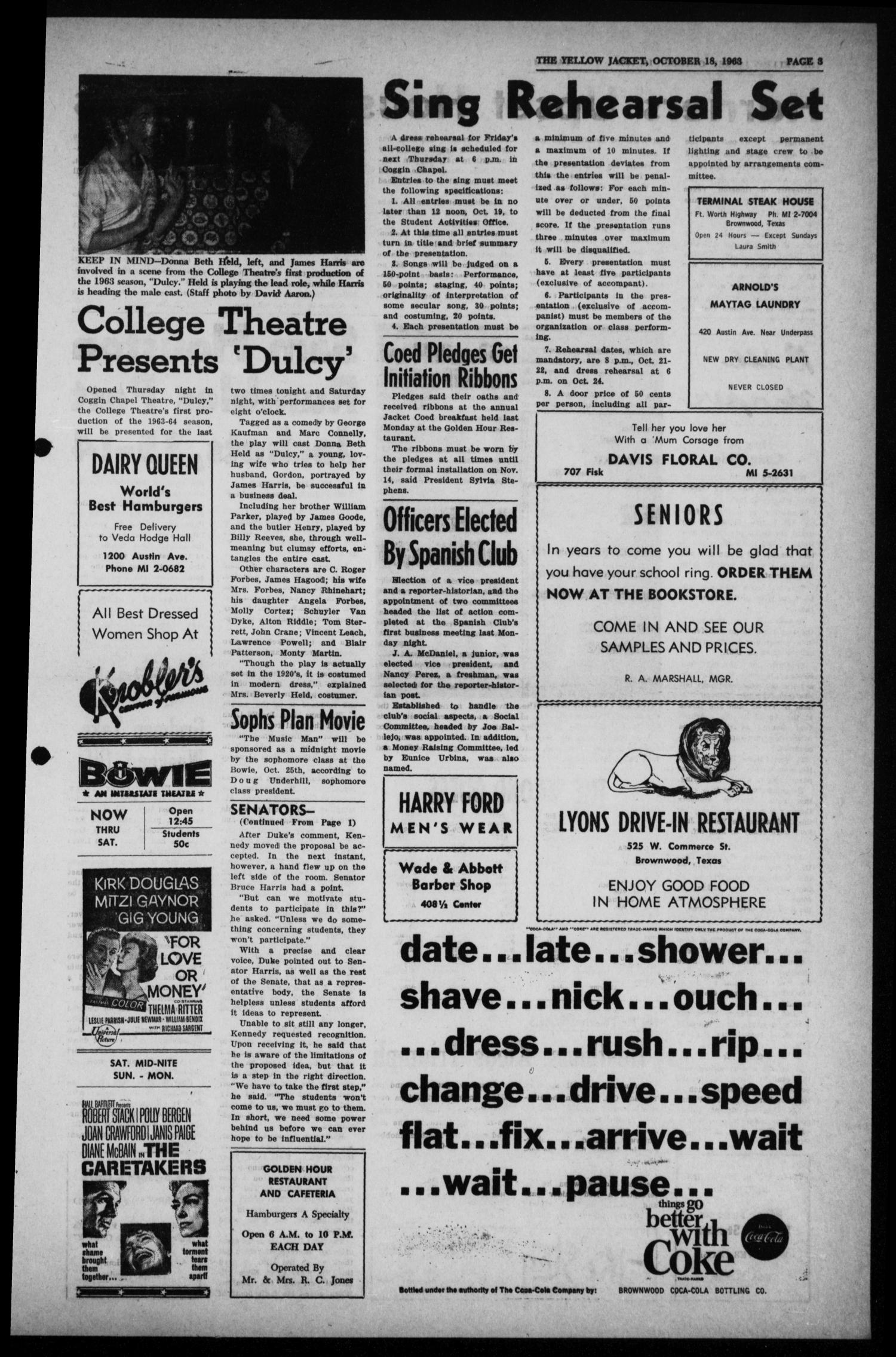 The Howard Payne College Yellow Jacket (Brownwood, Tex.), Vol. 51, No. 6, Ed. 1  Friday, October 18, 1963
                                                
                                                    [Sequence #]: 3 of 4
                                                