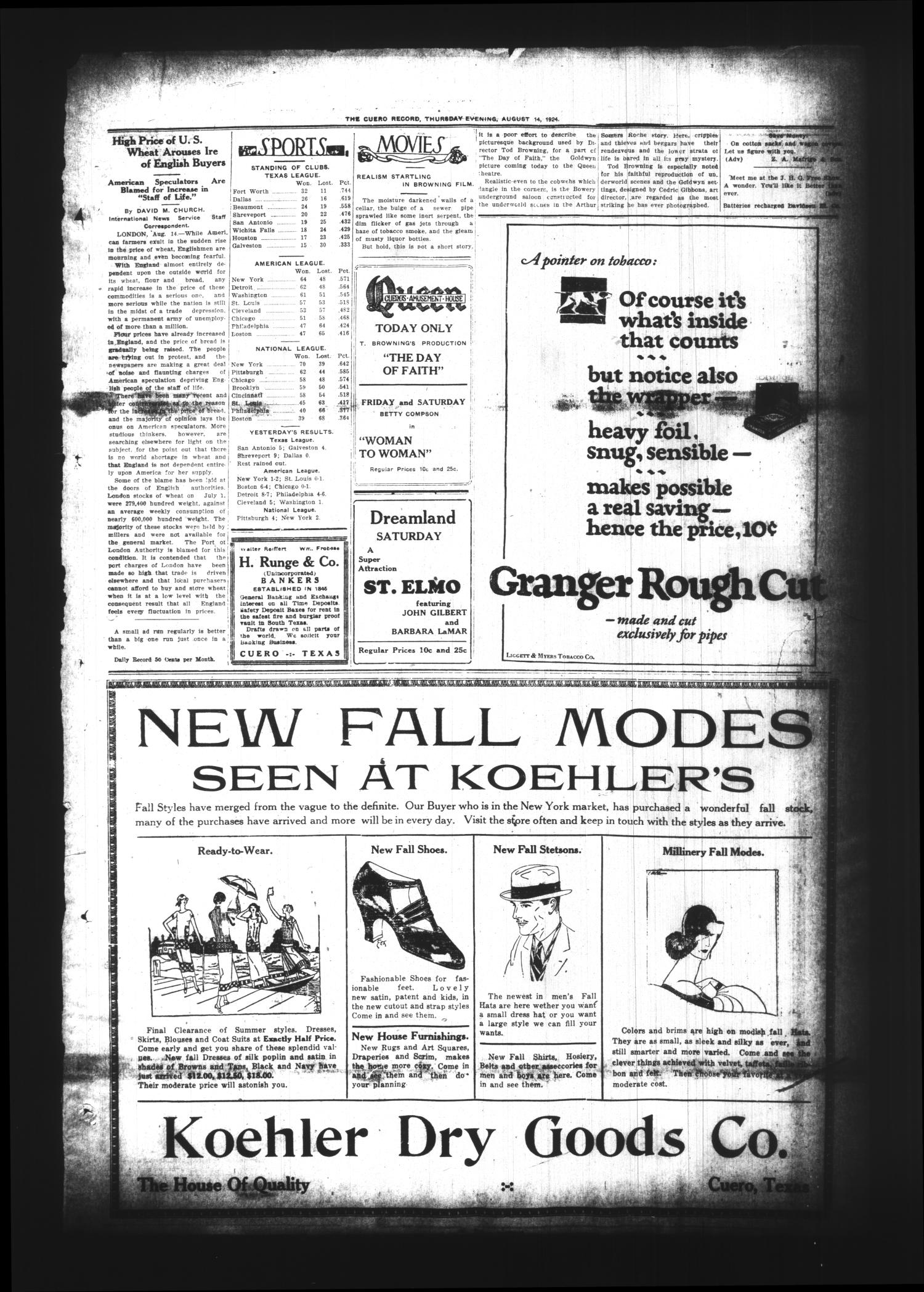 The Cuero Daily Record (Cuero, Tex.), Vol. 61, No. 38, Ed. 1 Thursday, August 14, 1924
                                                
                                                    [Sequence #]: 5 of 6
                                                