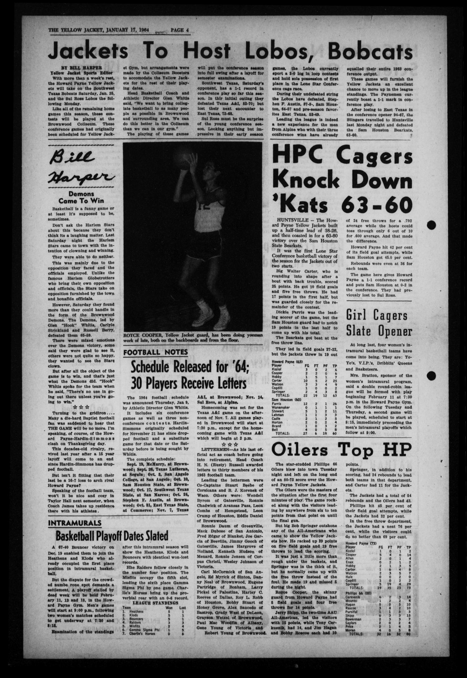 The Howard Payne College Yellow Jacket (Brownwood, Tex.), Vol. 51, No. 16, Ed. 1  Friday, January 17, 1964
                                                
                                                    [Sequence #]: 4 of 4
                                                