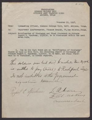 Primary view of object titled '[Memo from L. R. Hare to Southern Department Finance Branch Quartermaster, December 19, 1918]'.