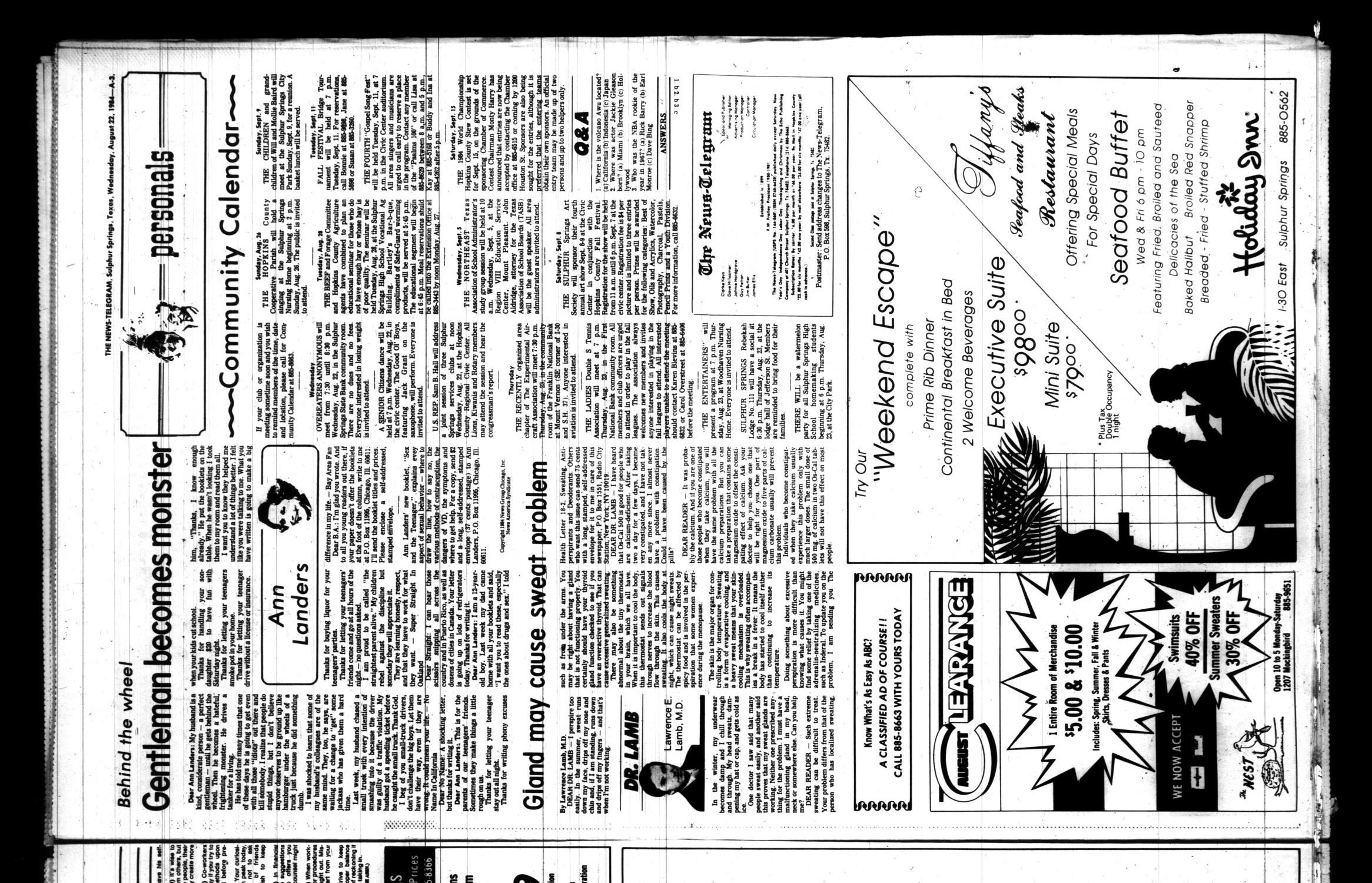 Sulphur Springs News-Telegram (Sulphur Springs, Tex.), Vol. 106, No. 200, Ed. 1 Wednesday, August 22, 1984
                                                
                                                    [Sequence #]: 3 of 20
                                                