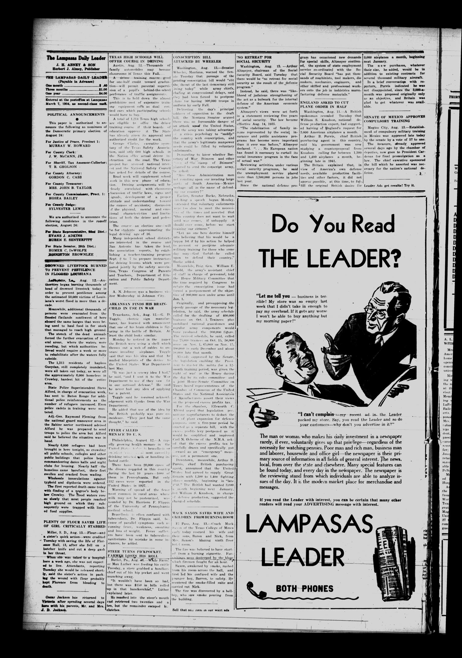 The Lampasas Daily Leader (Lampasas, Tex.), Vol. 37, No. 137, Ed. 1 Wednesday, August 14, 1940
                                                
                                                    [Sequence #]: 4 of 4
                                                