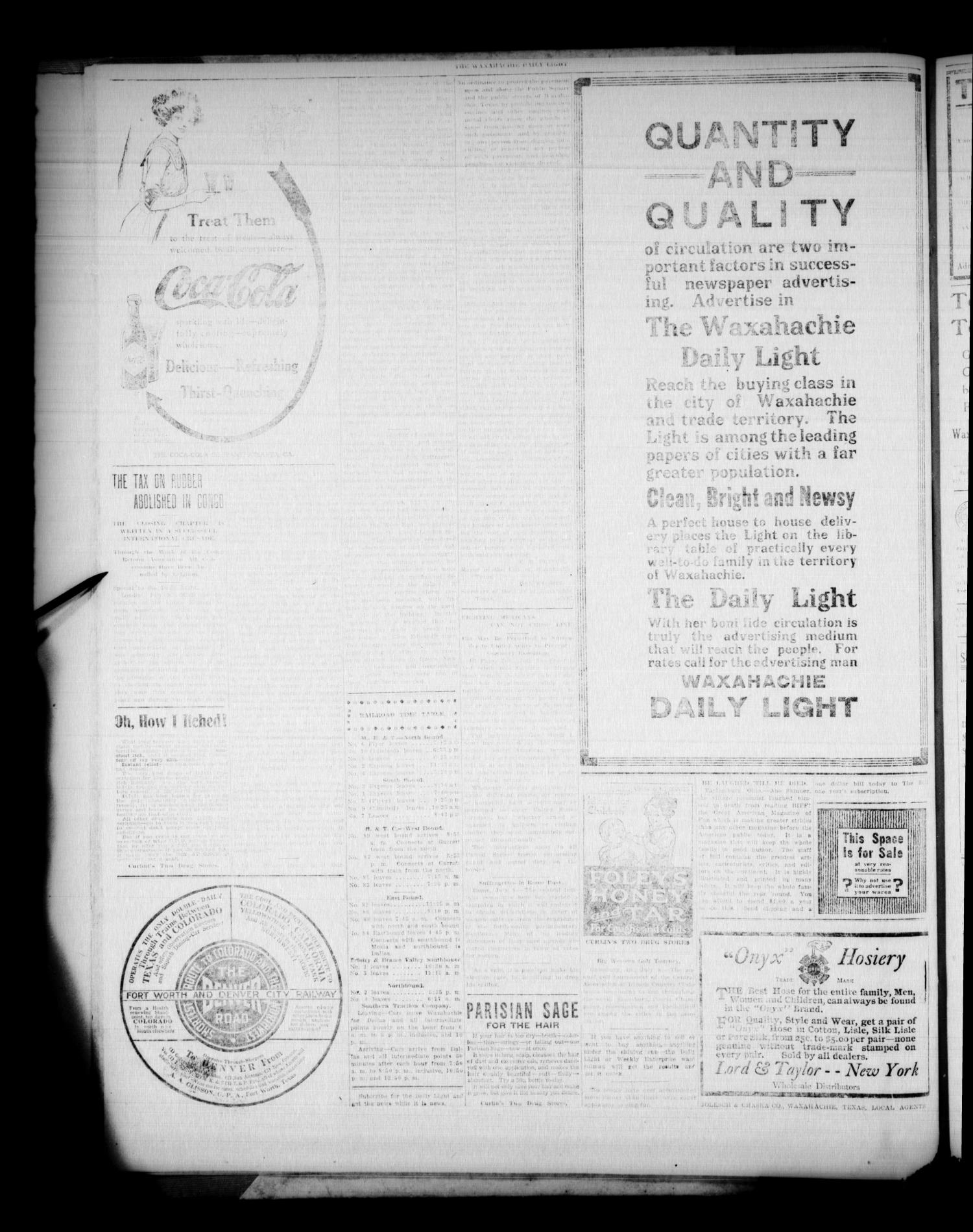 Waxahachie Daily Light (Waxahachie, Tex.), Vol. 21, No. [90], Ed. 1 Tuesday, July 8, 1913
                                                
                                                    [Sequence #]: 6 of 8
                                                