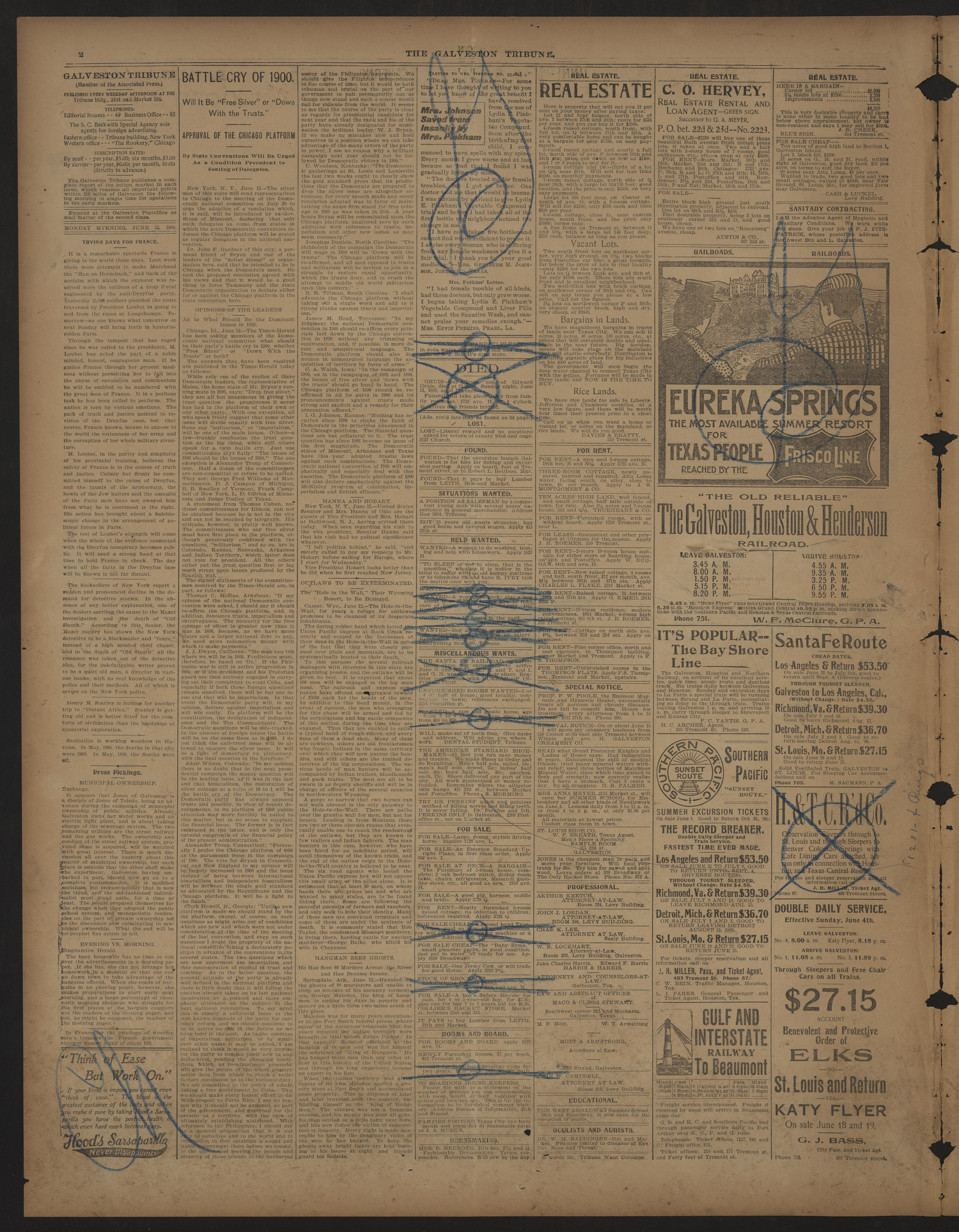 Galveston Tribune. (Galveston, Tex.), Vol. 19, No. 174, Ed. 1 Monday, June 12, 1899
                                                
                                                    [Sequence #]: 2 of 4
                                                