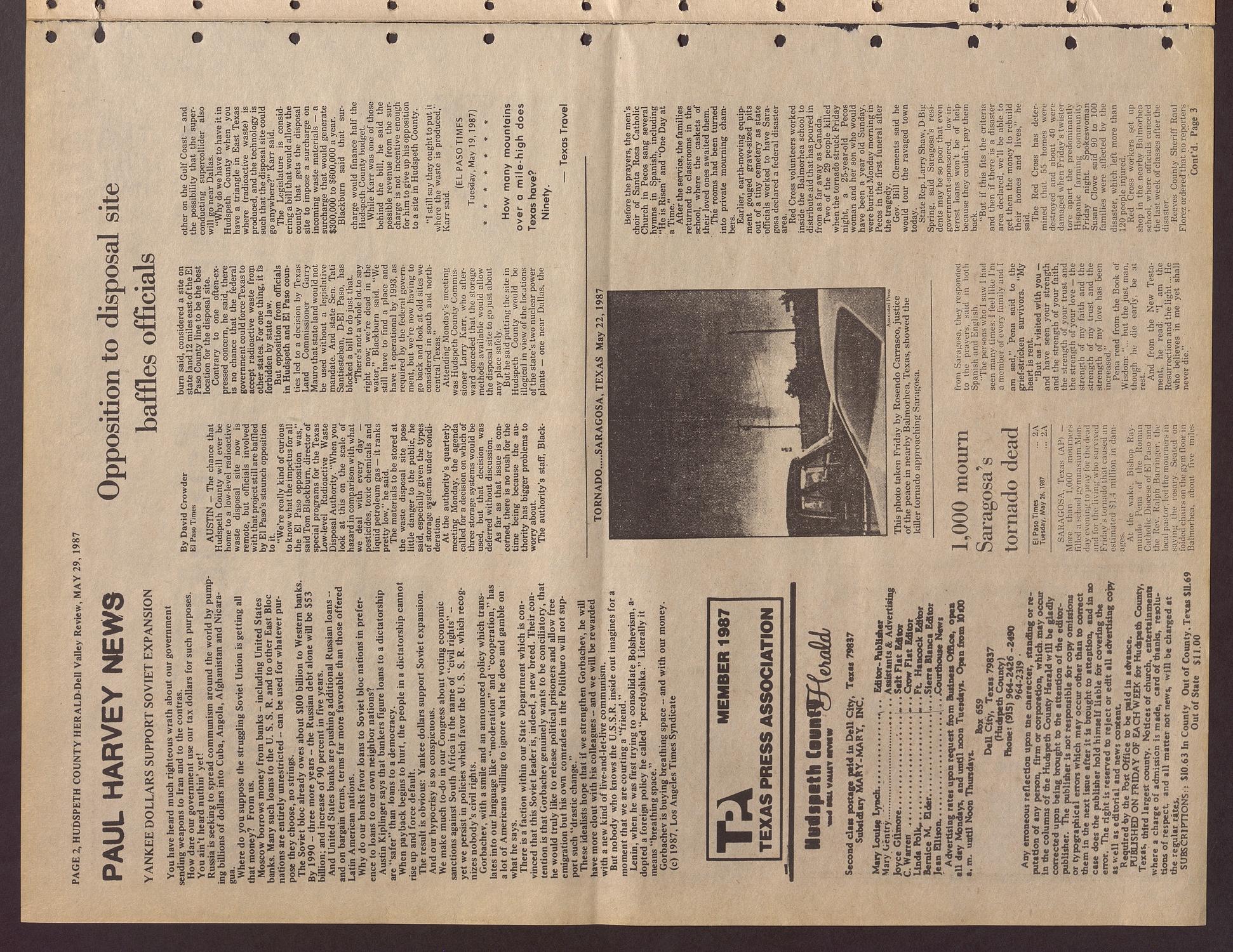 Hudspeth County Herald and Dell Valley Review (Dell City, Tex.), Vol. 30, No. 40, Ed. 1 Friday, May 29, 1987
                                                
                                                    [Sequence #]: 2 of 12
                                                