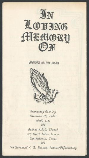 Primary view of object titled '[Funeral Program for Brother Milton Brown, November 18, 1987]'.