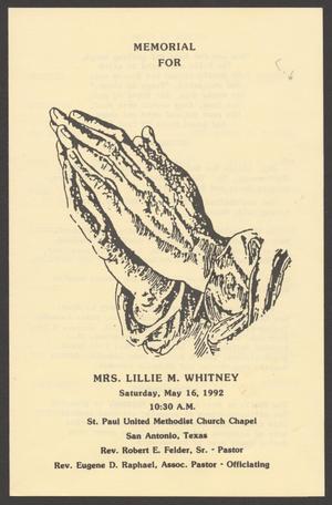 Primary view of object titled '[Funeral Program for Mrs. Lillie M. Whitney, May 16, 1992]'.