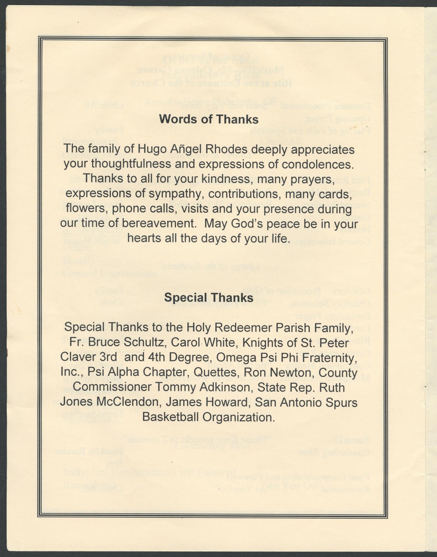 [Funeral Program for Sir Knight Hugo Angel Rhodes, June 30, 2006]
                                                
                                                    [Sequence #]: 6 of 8
                                                