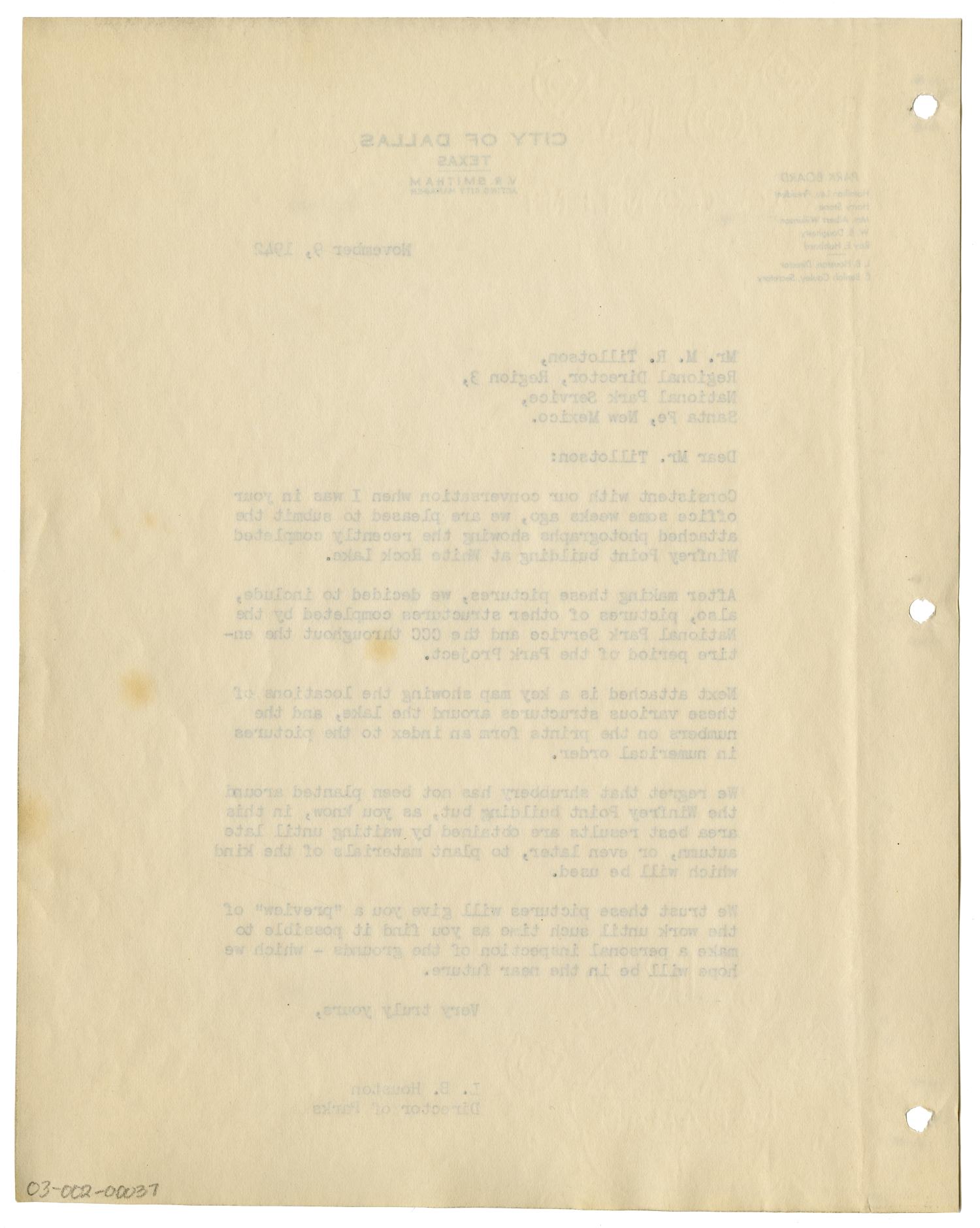 [Letter from L. B. Houston to M. R. Tillotson, November 9, 1942]
                                                
                                                    [Sequence #]: 2 of 2
                                                