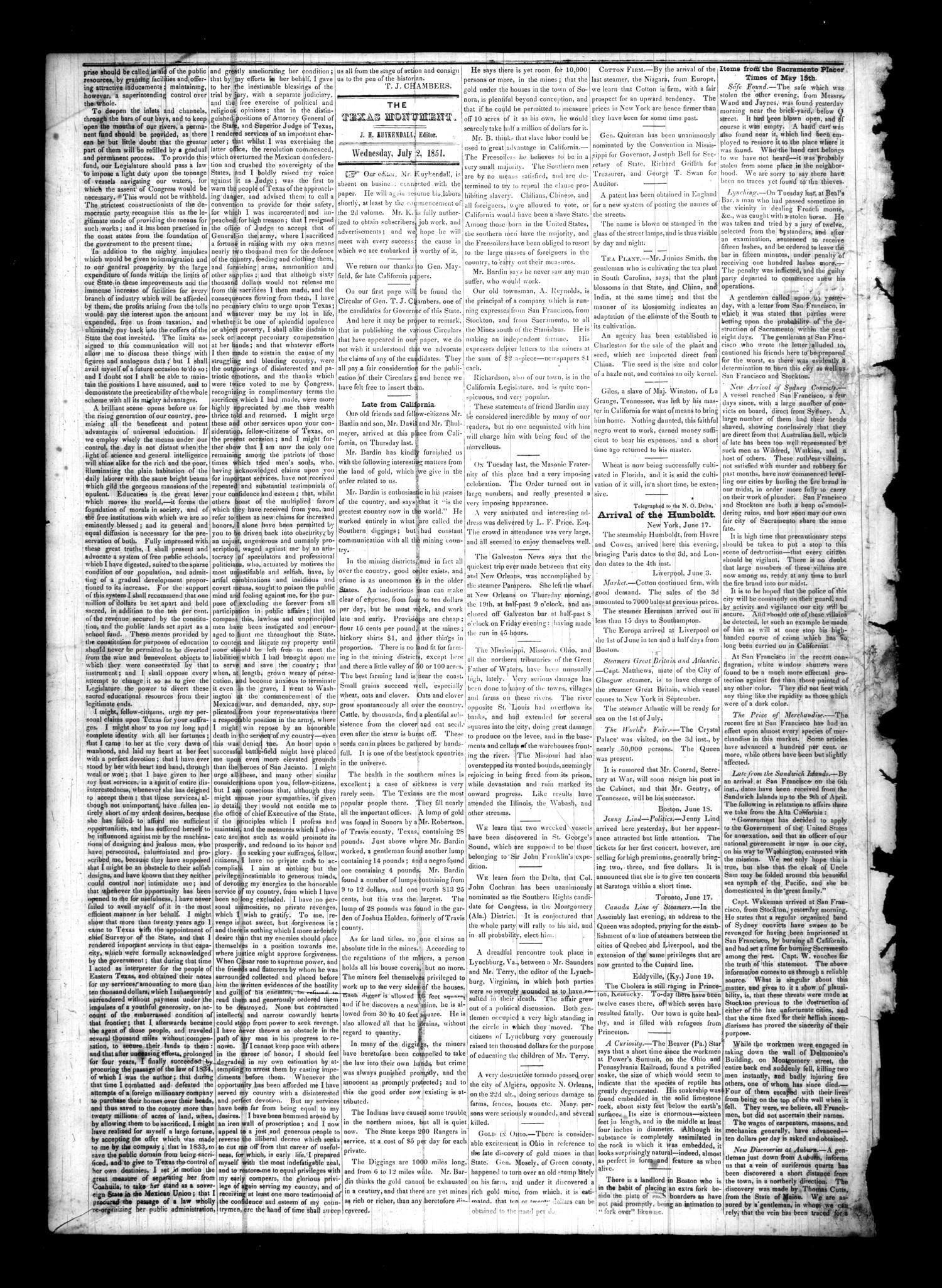 The Texas Monument. (La Grange, Tex.), Vol. 1, No. 50, Ed. 1 Wednesday, July 2, 1851
                                                
                                                    [Sequence #]: 2 of 4
                                                