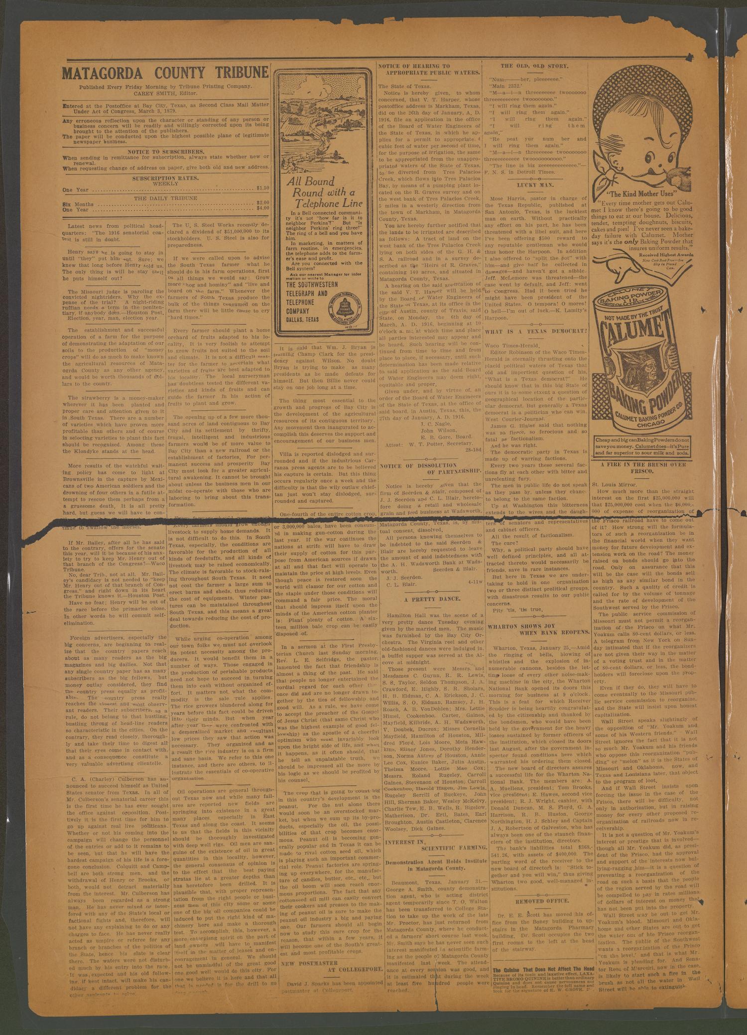The Matagorda County Tribune. (Bay City, Tex.), Vol. 71, No. 5, Ed. 1 Friday, February 4, 1916
                                                
                                                    [Sequence #]: 4 of 8
                                                