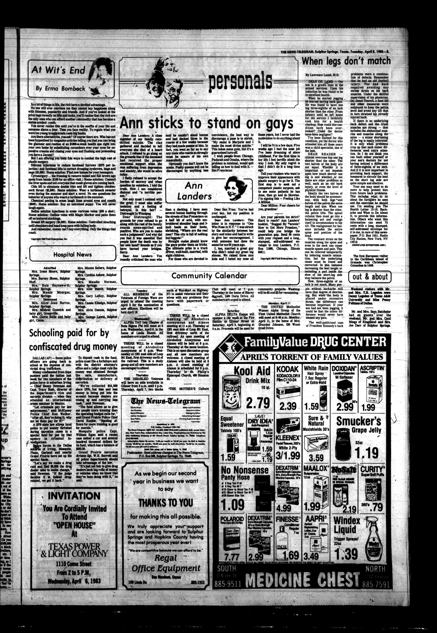 Sulphur Springs News-Telegram (Sulphur Springs, Tex.), Vol. 105, No. 80, Ed. 1 Tuesday, April 5, 1983
                                                
                                                    [Sequence #]: 3 of 10
                                                