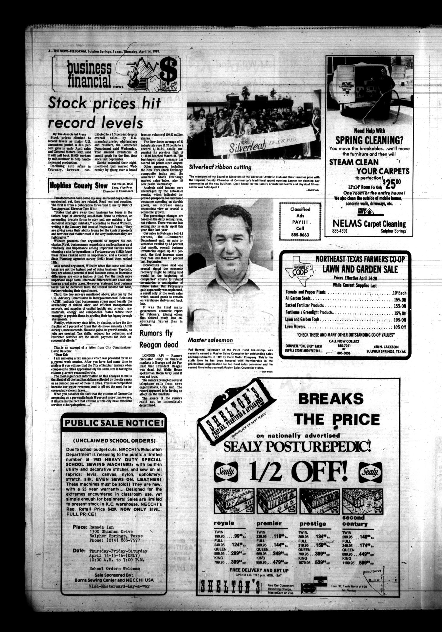 Sulphur Springs News-Telegram (Sulphur Springs, Tex.), Vol. 105, No. 88, Ed. 1 Thursday, April 14, 1983
                                                
                                                    [Sequence #]: 4 of 10
                                                