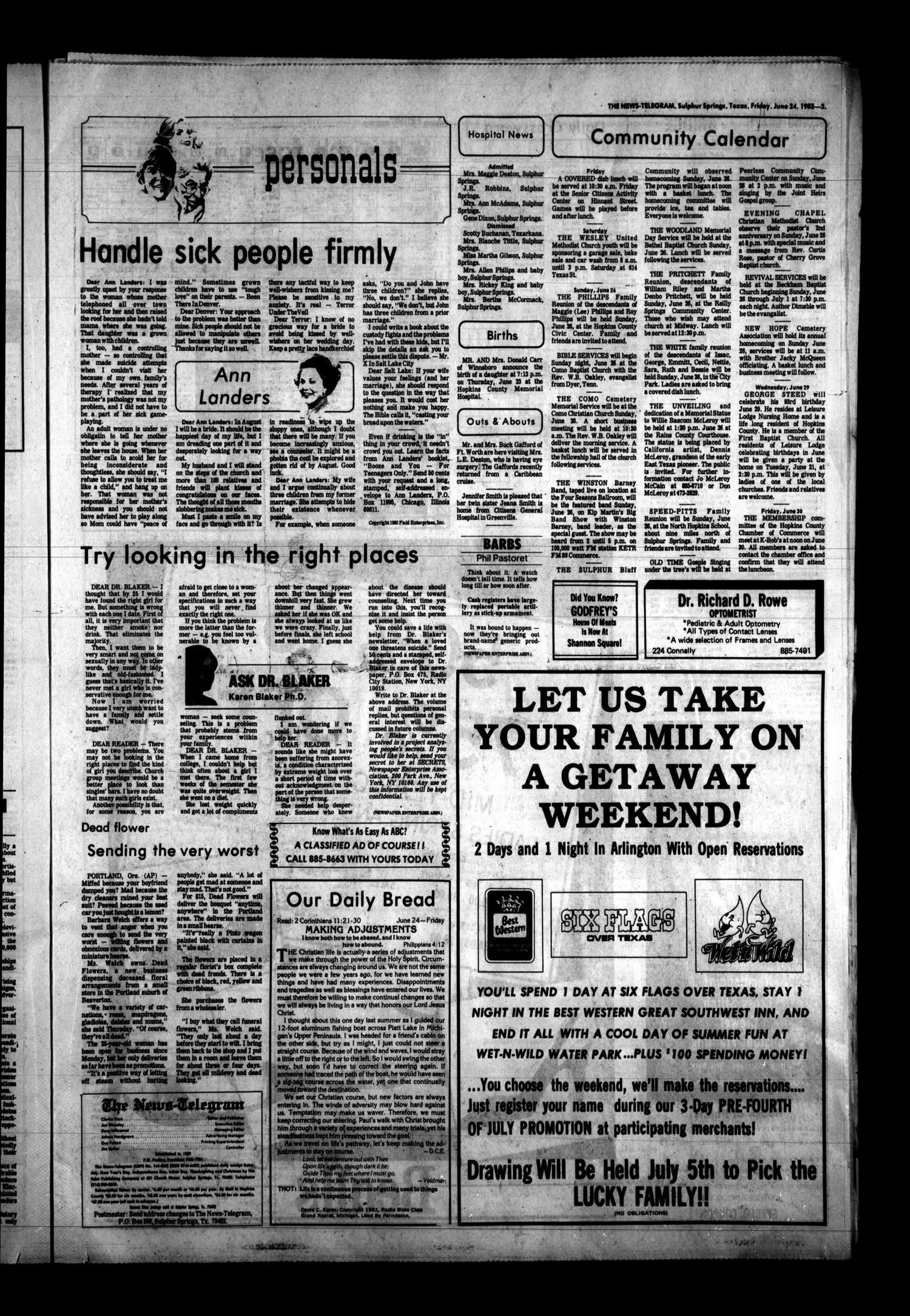 Sulphur Springs News-Telegram (Sulphur Springs, Tex.), Vol. 105, No. 149, Ed. 1 Friday, June 24, 1983
                                                
                                                    [Sequence #]: 3 of 18
                                                
