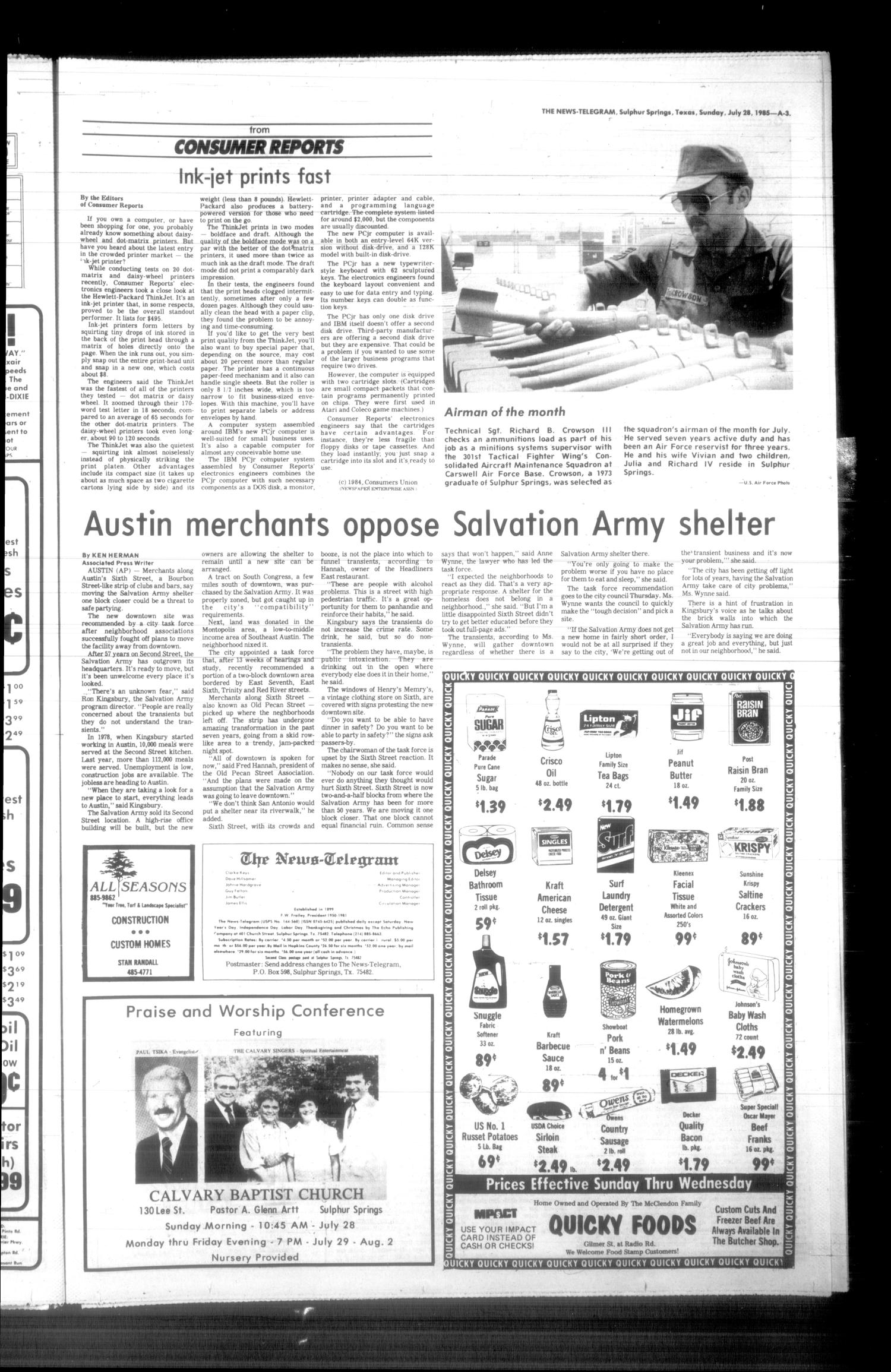 Sulphur Springs News-Telegram (Sulphur Springs, Tex.), Vol. 107, No. 177, Ed. 1 Sunday, July 28, 1985
                                                
                                                    [Sequence #]: 3 of 42
                                                