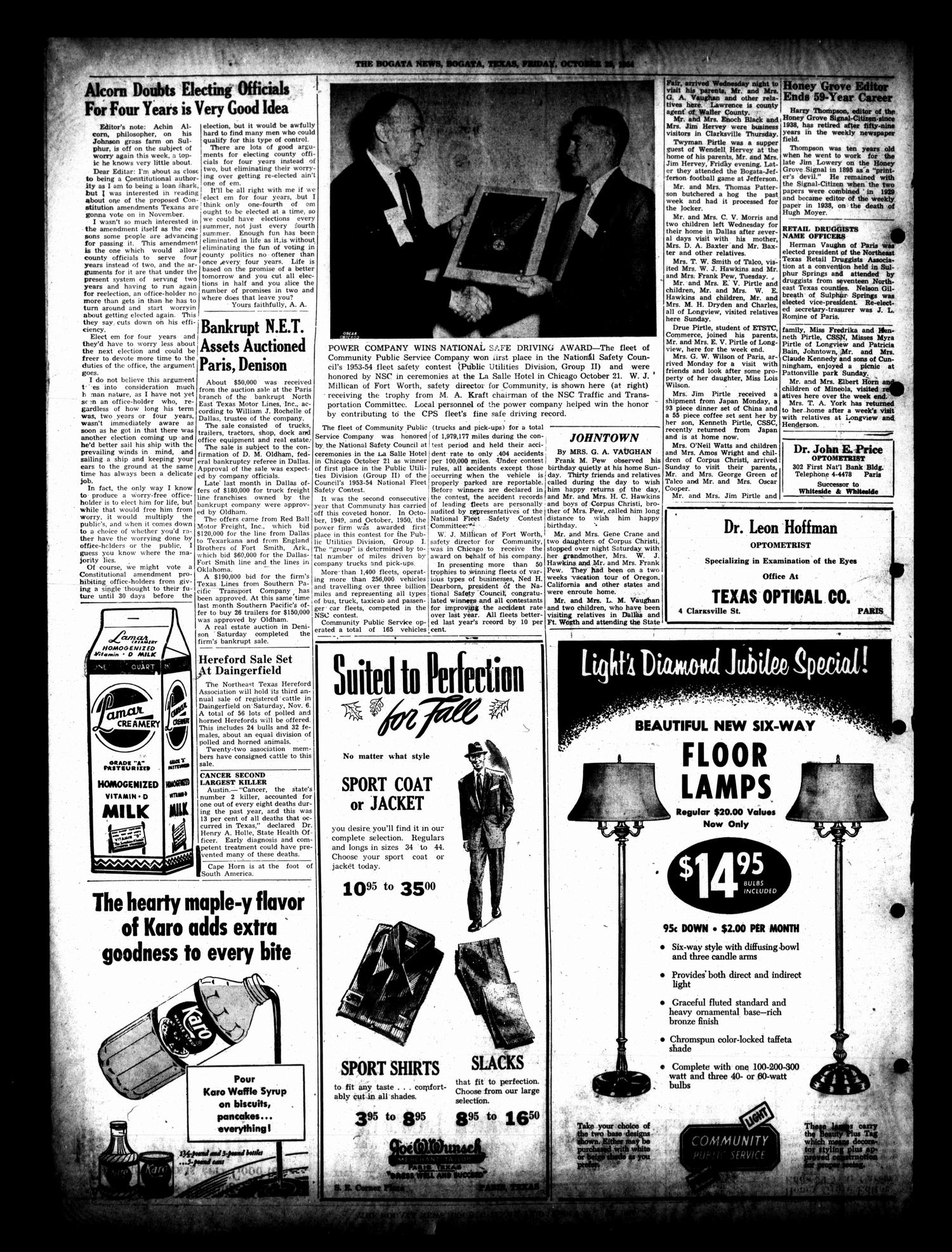 The Bogata News (Bogata, Tex.), Vol. 43, No. 2, Ed. 1 Friday, October 29, 1954
                                                
                                                    [Sequence #]: 4 of 4
                                                