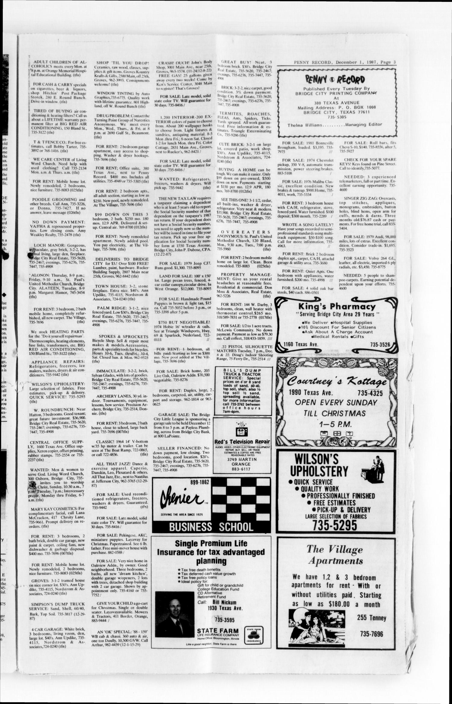 Penny Record (Bridge City, Tex.), Vol. 29, No. 25, Ed. 1 Tuesday, December 1, 1987
                                                
                                                    [Sequence #]: 3 of 12
                                                