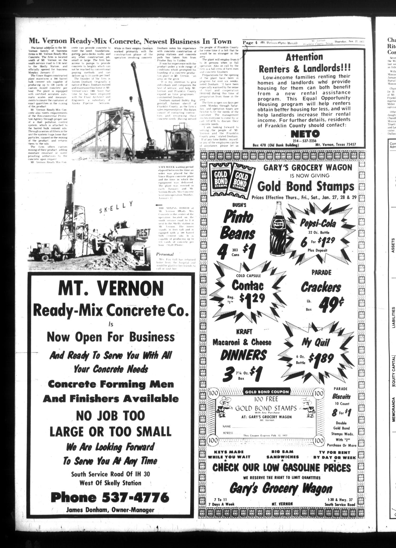 Mt. Vernon Optic-Herald (Mount Vernon, Tex.), Vol. 102, No. 20, Ed. 1 Thursday, January 27, 1977
                                                
                                                    [Sequence #]: 4 of 19
                                                