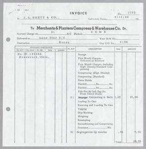 Primary view of object titled '[Invoice for Services from Merchants and Planters Compress and Warehouse Co., March 11, 1966]'.