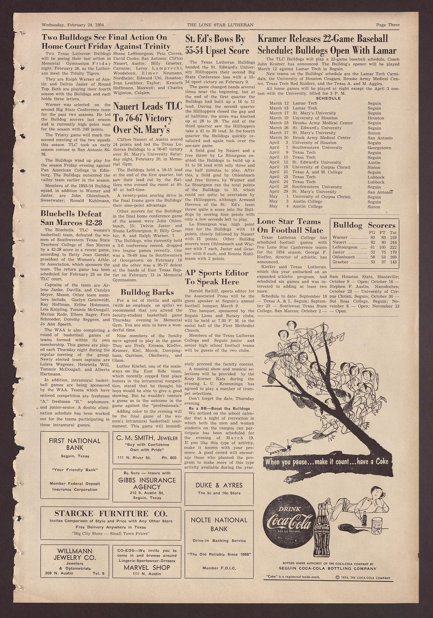 The Lone Star Lutheran (Seguin, Tex.), Vol. 35, No. 7, Ed. 1 Wednesday, February 24, 1954
                                                
                                                    [Sequence #]: 3 of 4
                                                