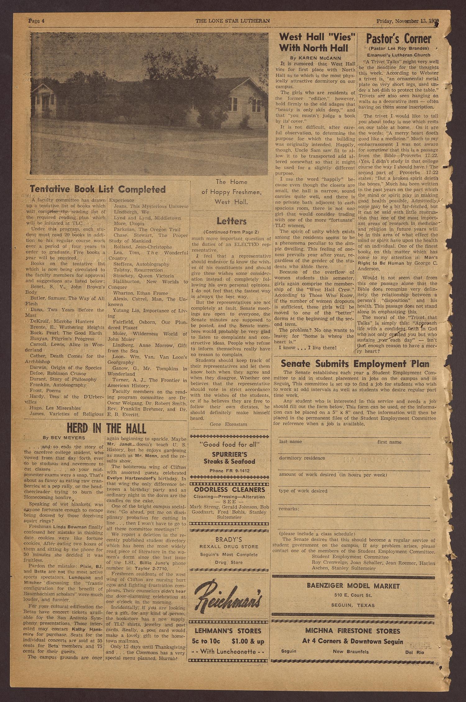 The Lone Star Lutheran (Seguin, Tex.), Vol. 41, No. 9, Ed. 1 Friday, November 13, 1959
                                                
                                                    [Sequence #]: 4 of 4
                                                
